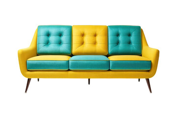 Oldschool sofa, high quality stock photograph, isolated on white background, mid-century modern design, upholstered in vibrant colors, showcasing fabric texture, soft shadows creating depth