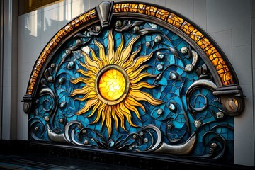 Fototapeta premium Stained glass window, depicting a rising sun, symbol of new beginnings fills the room with the promise of hope and the dawn of a new day