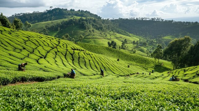 The lush tea plantations of Kericho, Kenya, with rolling green hills and workers harvesting tea leaves.