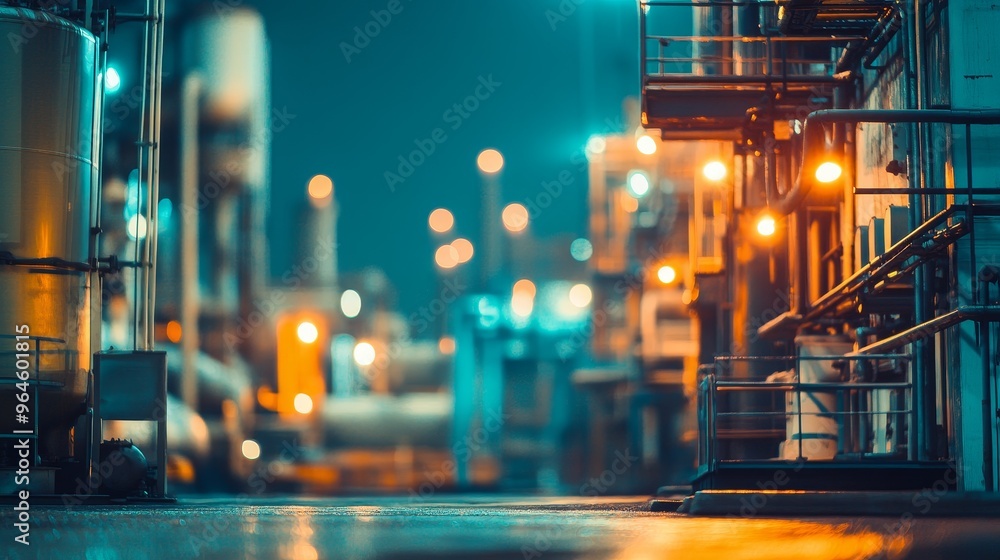 Poster a nighttime industrial scene showcasing illuminated pipes and structures in a factory setting.