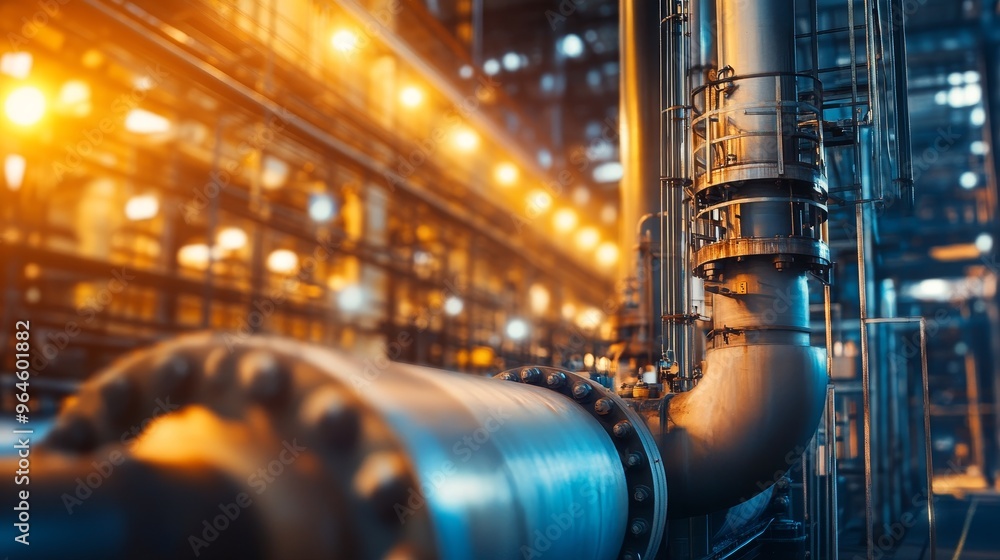 Poster a close-up view of industrial pipes and machinery in a factory setting, highlighting the complexity 
