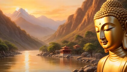 Shining golden Buddha statue on copy space background mountain landscape with lake at sunset. beautiful banner design. High quality photo
