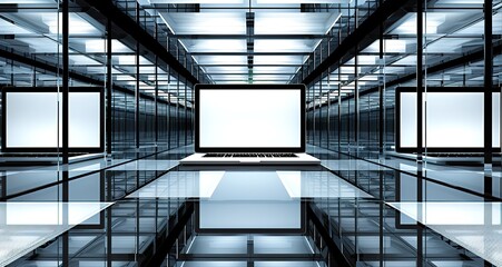 Laptop computer in a server room, surrounded by racks of servers. Concept of data storage, technology, computing, and the internet.