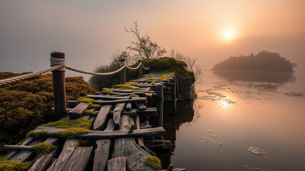 wooden bridge with sunset over the river