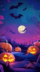 Fototapeta premium Paper cut style illustration of a whimsical pumpkin patch at twilight, glowing jack-o'-lanterns under a full moon
