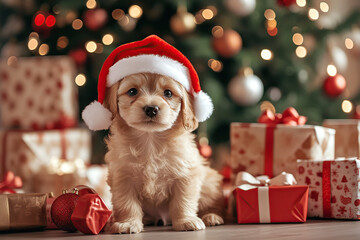 Festive Puppy in Santa Hat by the Christmas-Tree
