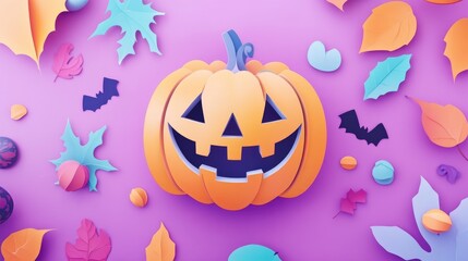 Paper cut style illustration of a whimsical Halloween pumpkin, carved jack-o'-lantern with glowing eyes