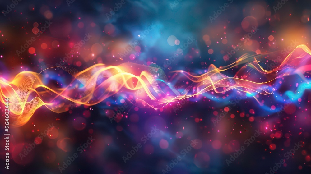 Poster abstract background with glowing lines and bokeh effect.
