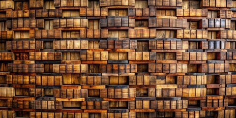 Texture of bourbon barrel staves creatively arranged on a wall