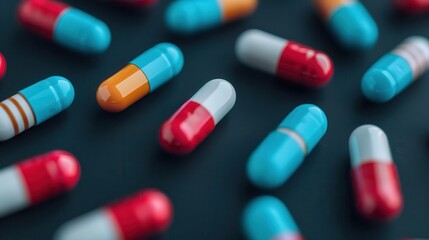 Medicine, various tablets, capsules and pills, blue capsules and red capsules, illness medication cure pharmaceutical close up