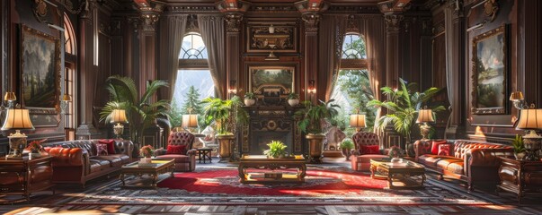 Naklejka premium Luxurious Classic Living Room with Elegant Furniture and Large Windows Overlooking Scenic Outdoors