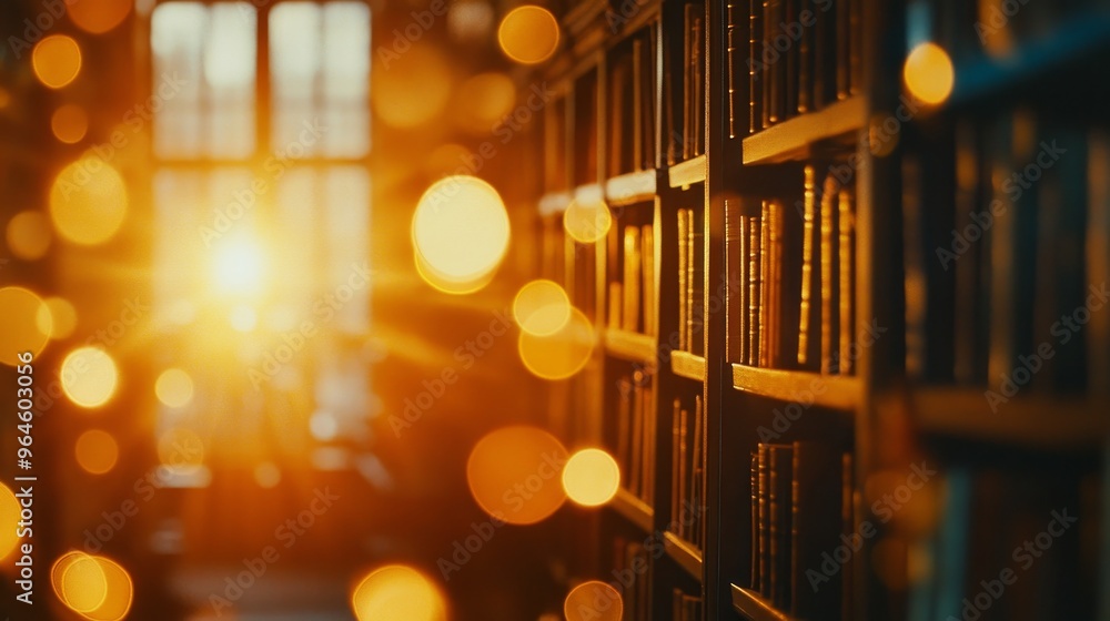 Aufkleber a sunlit library with bookshelves, creating a warm and inviting atmosphere filled with bokeh effects