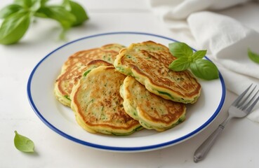 Vegan simple imperfect home made zucchini pancakes on a white table in a white plate.