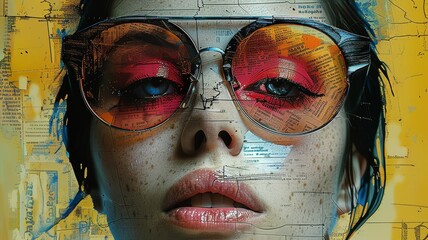Vibrant Artistic Collage of Woman with Sunglasses and Newspaper Elements in Modern Abstract Style