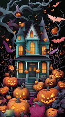 Fototapeta premium Paper cut style illustration of a whimsical haunted house surrounded by pumpkins at night