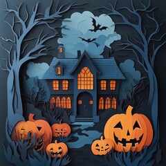 Fototapeta premium Paper cut style illustration of a whimsical haunted house surrounded by pumpkins at night