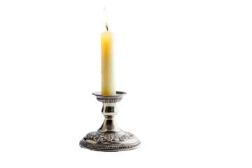 Single candlestick with wax pooling at the base, isolated on a pure white background, capturing the entire crafted charm of the candlestick, high-quality stock photography