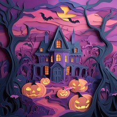 Paper cut style illustration of a whimsical haunted house surrounded by pumpkins at night