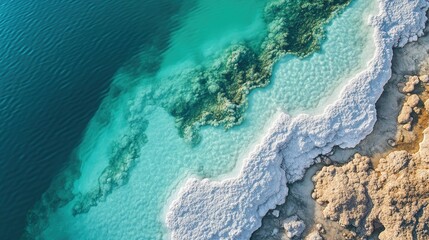 Obraz premium The natural beauty of the Dead Sea, with its crystal-clear water and white salt formations creating a surreal landscape.