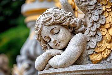 Stone angel, eyes closed, deep in contemplation appears lost in thought, as if pondering the mysteries of the universe