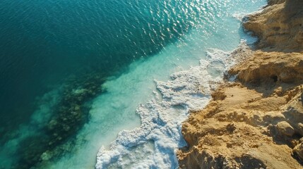 Obraz premium The natural beauty of the Dead Sea, with its crystal-clear water and white salt formations creating a surreal landscape.