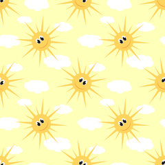 Vector illustration. Funny smiling cartoon sun seamless pattern on bright background.