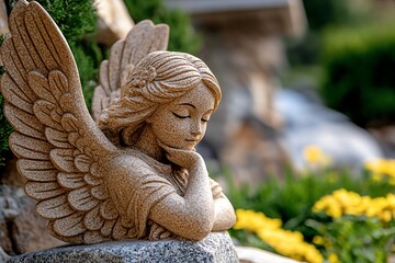 Stone angel, eyes closed, deep in contemplation appears lost in thought, as if pondering the mysteries of the universe