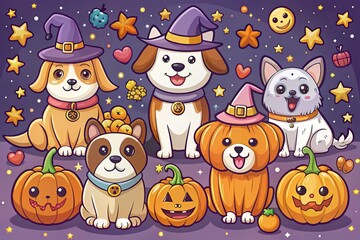 Obraz premium * colorful dog Halloween illustrations cartoon characters whimsical playful ghost pumpkins stars hats sweets
