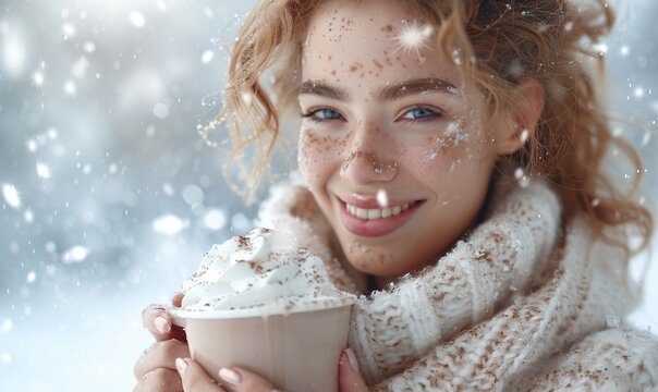 A woman with a joyful smile, holding a cup of hot chocolate with whipped cream and marshmallows on a snowy winter day with snowflakes falling gently against a white backdrop. 4K hyperrealistic photo.