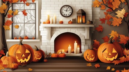 Obraz premium Paper cut style illustration of a whimsical haunted house surrounded by pumpkins at night