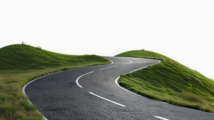 Obraz premium Winding Asphalt Road Curving Through Green Rolling Hills – Travel, Scenic Nature Journeys, Adventure Road Trips