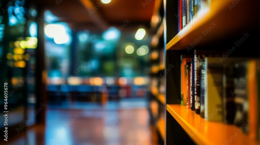 Poster a blurred view of a library shelf filled with books, creating a cozy and inviting atmosphere for rea