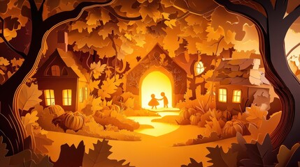 Paper cut style illustration of a cozy pumpkin carving scene with warm lighting
