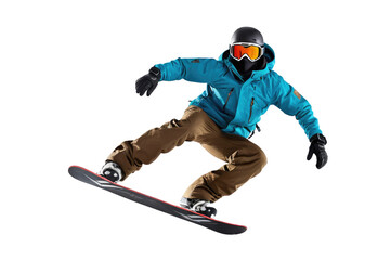 Snowboarder mid-air captured in dynamic jumping pose, full body, masks obscuring facial features, contrasts sharply with isolated white background, dynamic lighting emphasizes muscular definition