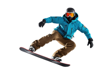 Snowboarder mid-air captured in dynamic jumping pose, full body, masks obscuring facial features, contrasts sharply with isolated white background, dynamic lighting emphasizes muscular definition
