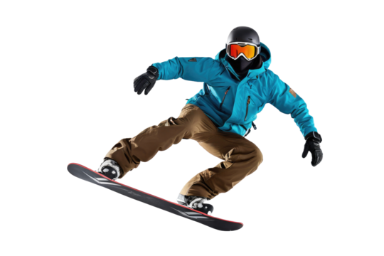 Snowboarder mid-air captured in dynamic jumping pose, full body, masks obscuring facial features, contrasts sharply with isolated white background, dynamic lighting emphasizes muscular definition