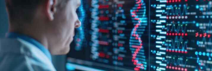Back view of a person analyzing complex genetic code data on a high-tech digital screen, symbolizing biotechnology, research, and data science.