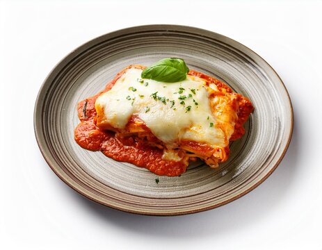 Delicious chicken parmigiana on plate, white background