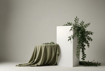 White podium with green leaves, minimalist background