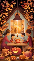 Obraz premium Paper cut style illustration of a cozy indoor pumpkin carving scene with warm lighting
