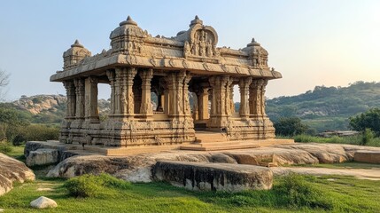Obraz premium The peaceful surroundings of the Saraswati Temple in Hampi, with its detailed stone carvings.
