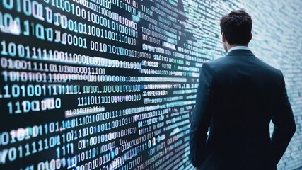 A man in a suit stands observing a large display filled with binary code, immersed in data analysis in a contemporary workspace - Powered by Adobe