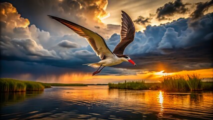 Obraz premium seagull flying in the sunset