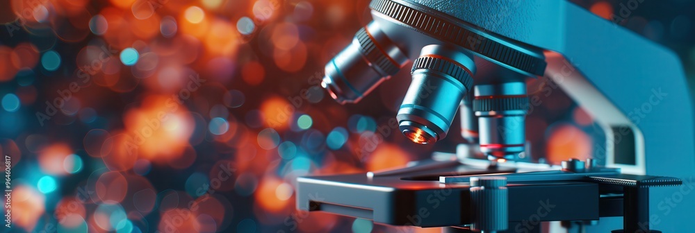 Poster close-up of a modern microscope in a high-tech laboratory with advanced equipment and bright lightin
