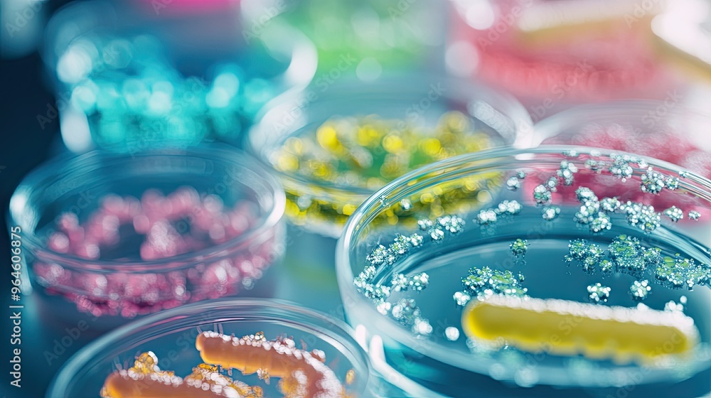 Poster microorganisms on a lab surface with visible copy space