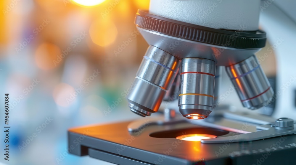 Poster close-up of a modern microscope in a high-tech laboratory with advanced equipment and bright lightin