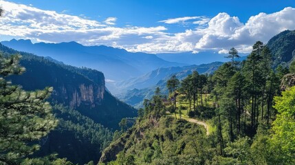 The peaceful surroundings of Tiger's Nest Monastery, with lush greenery and distant mountains.