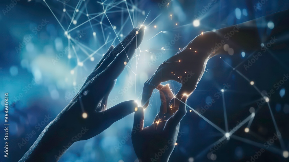 Poster two hands reach out towards each other, connected by a glowing web of lines and dots.