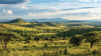 Obraz premium The picturesque landscape of Kenya Laikipia Plateau, with rolling hills and acacia trees.