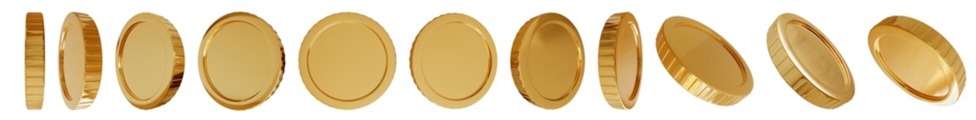 Spinning Golden Coin - Rotate Golden Coin at Different Angles Isolated On White. 3d rendering. 3D golden coins. Realistic blank yellow brass or gold coin different views. Payment and investment, bank